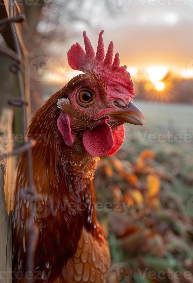 AI generated Rooster is sitting on fence in the morning sun photo