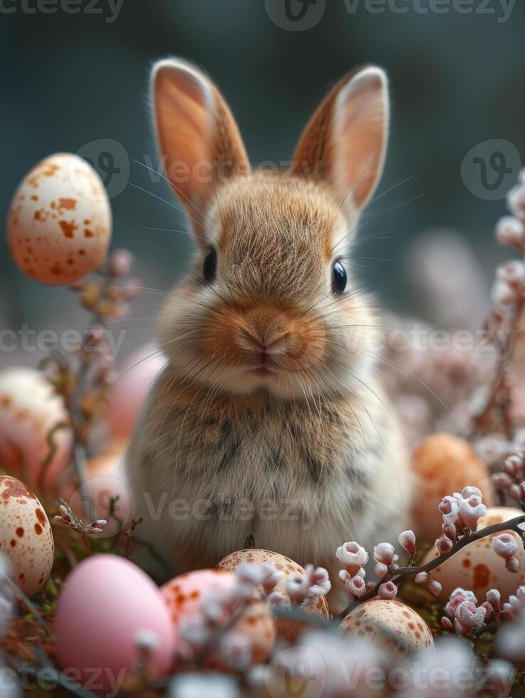 AI generated Cute little bunny in basket with Easter eggs photo