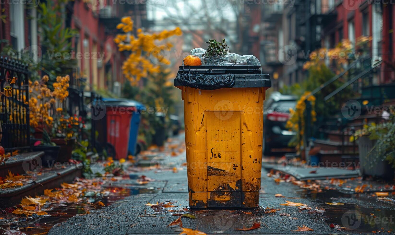 AI generated Yellow trash can is overflowing with leaves and pumpkin. photo