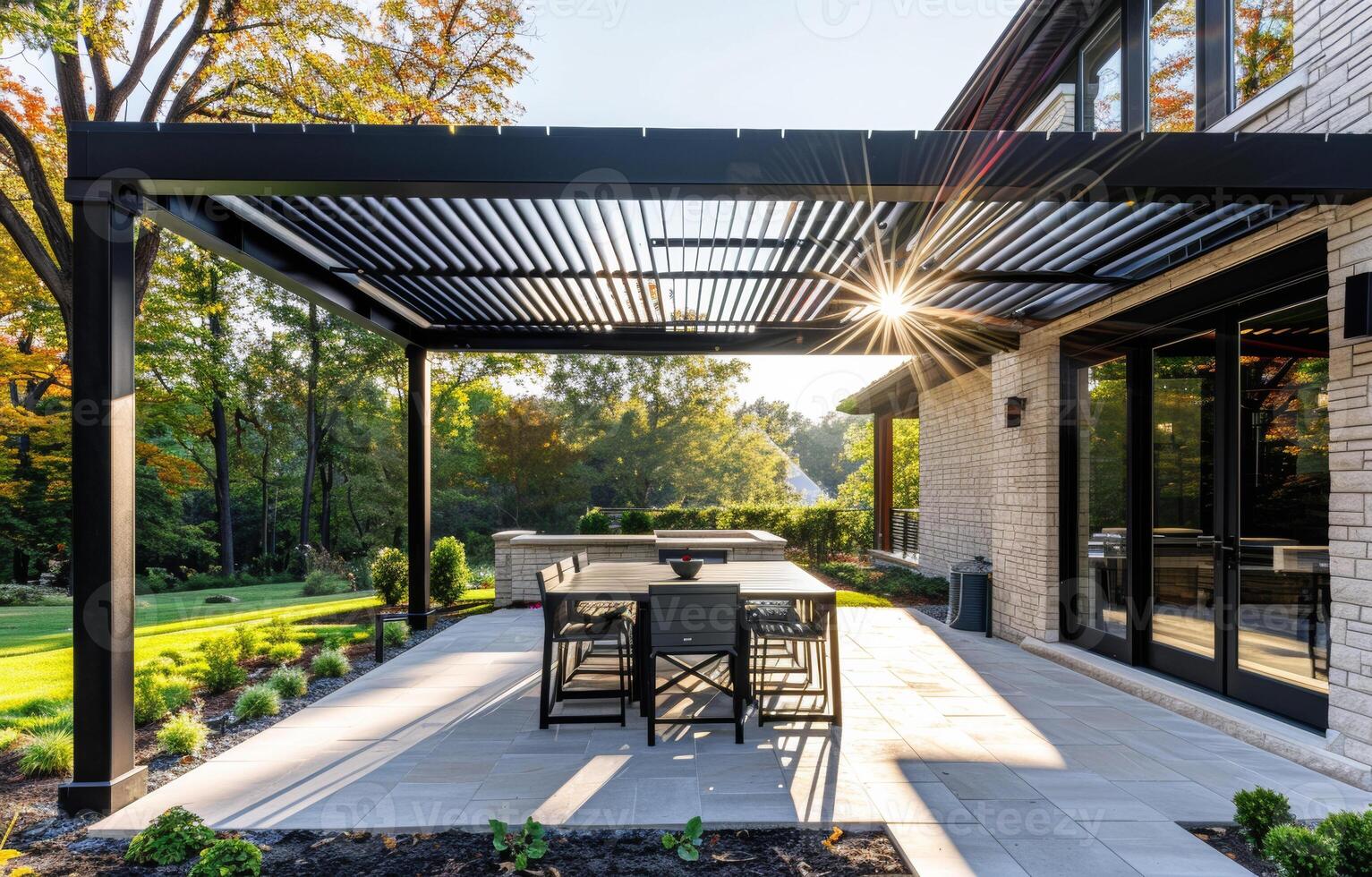 AI generated Pergola provides shade and place to relax on patio photo