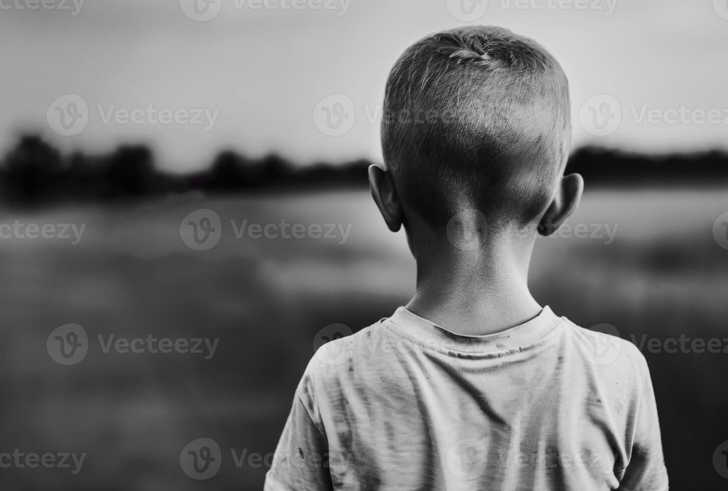 AI generated Young boy looks out over field. photo