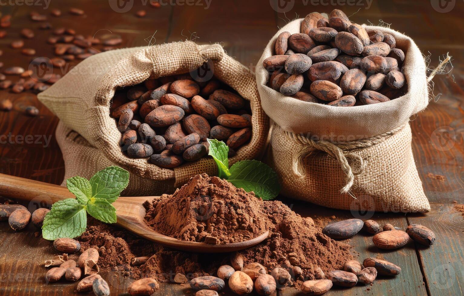 AI generated Cocoa powder and cocoa beans on wooden table photo