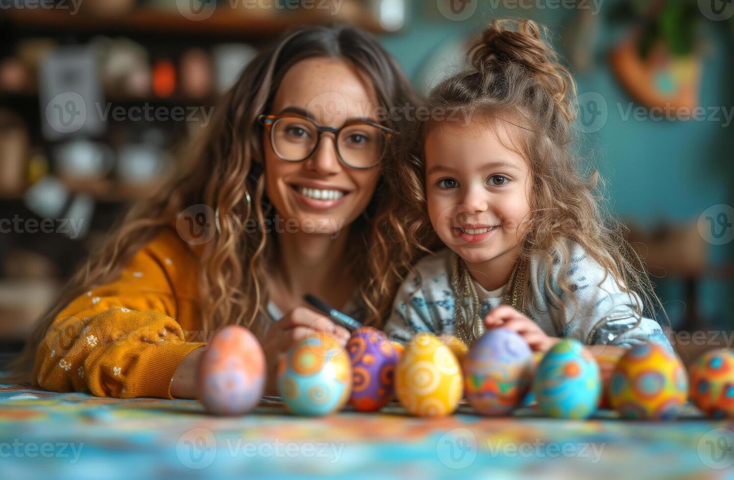 ai generado madre y hija pintura Pascua de Resurrección huevos. foto