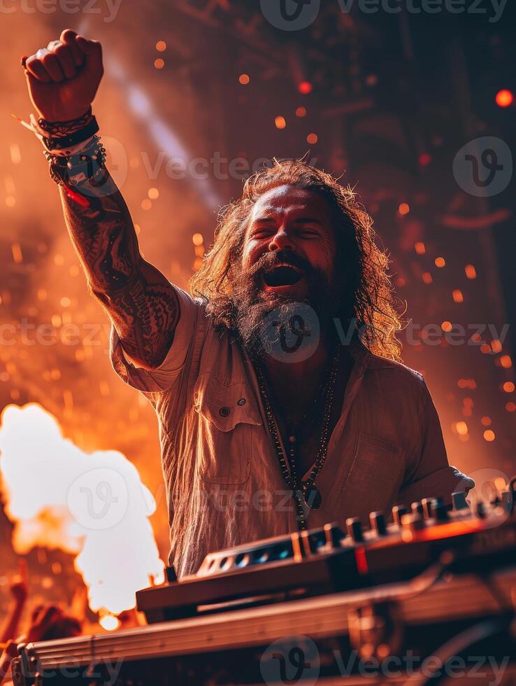 AI generated Bearded male dj raises his fist and smiles while playing music at festival photo