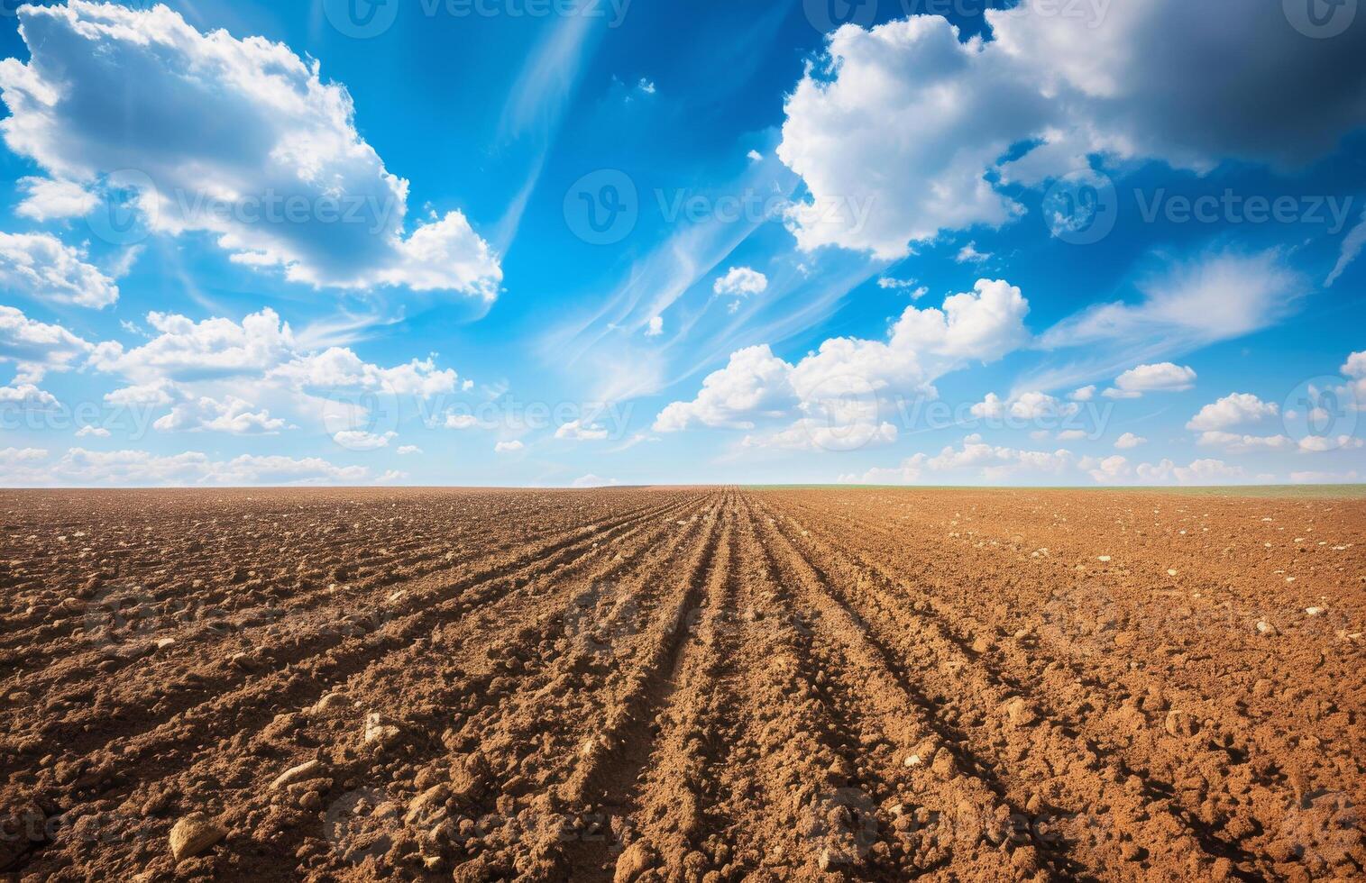 AI generated Agricultural field on which grow up brown soil blue sky with white clouds photo