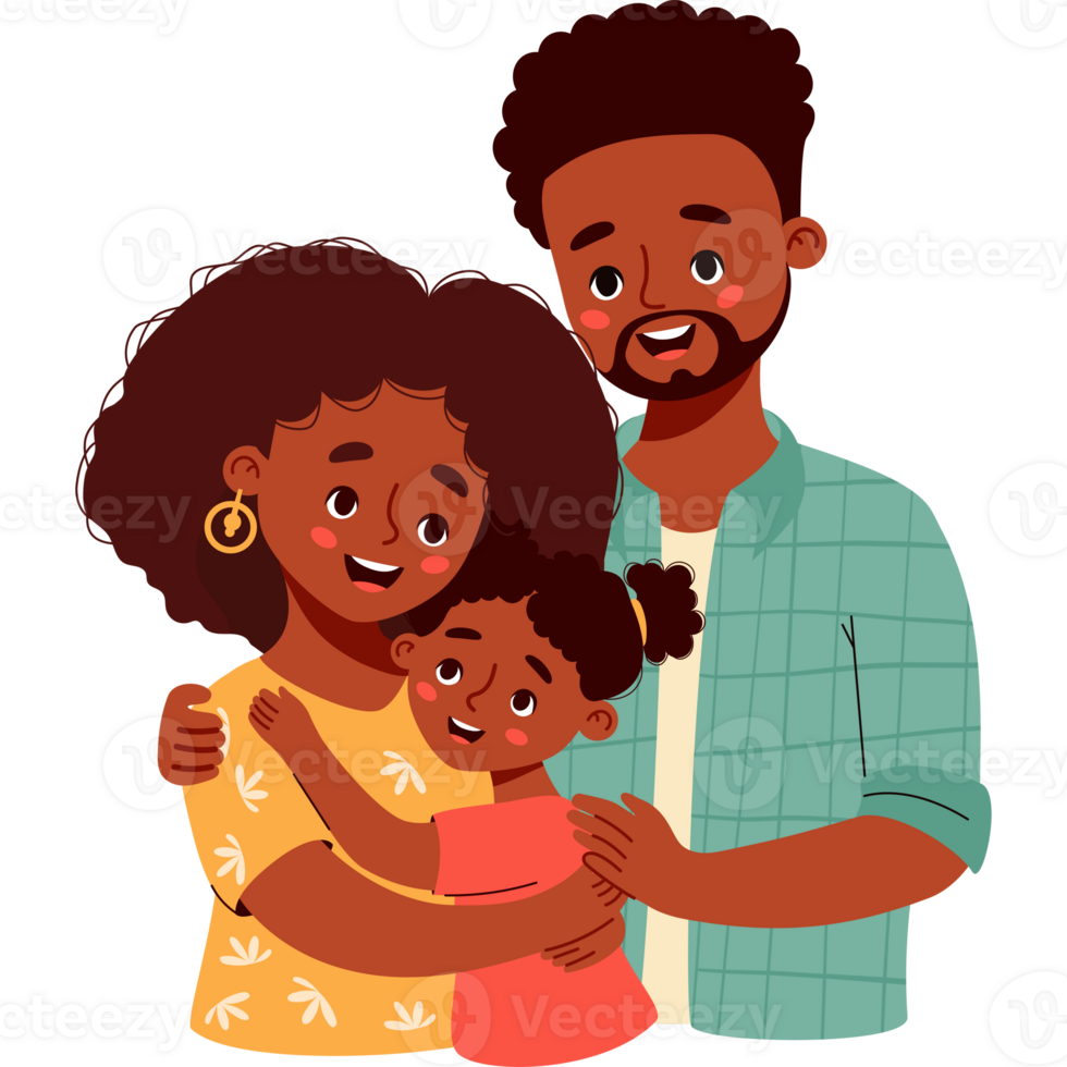 Cute Family black man hugs his wife and daughter png