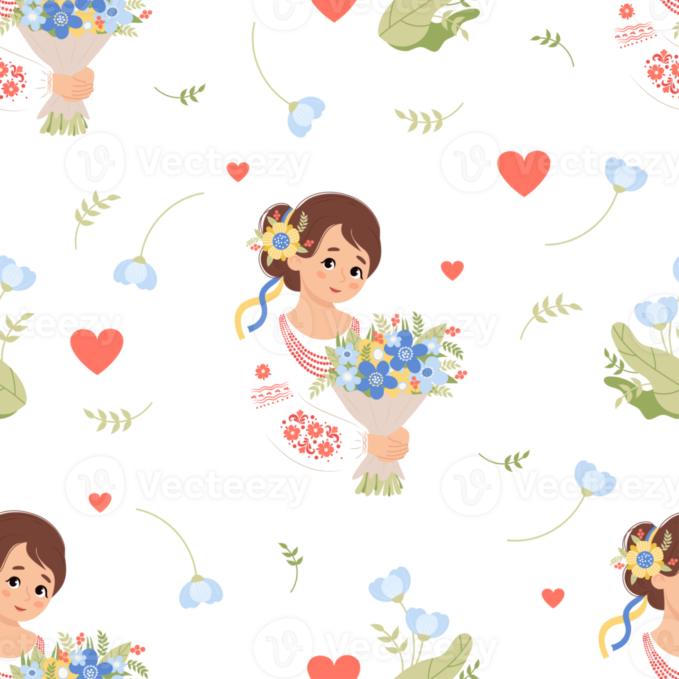 Seamless pattern with cute Ukrainian girl in traditional  clothes png