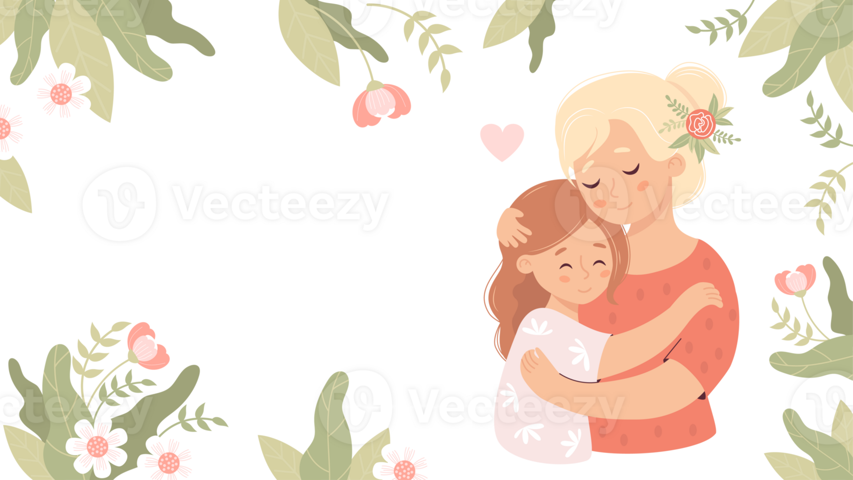 Cute woman hugs daughter on floral background png