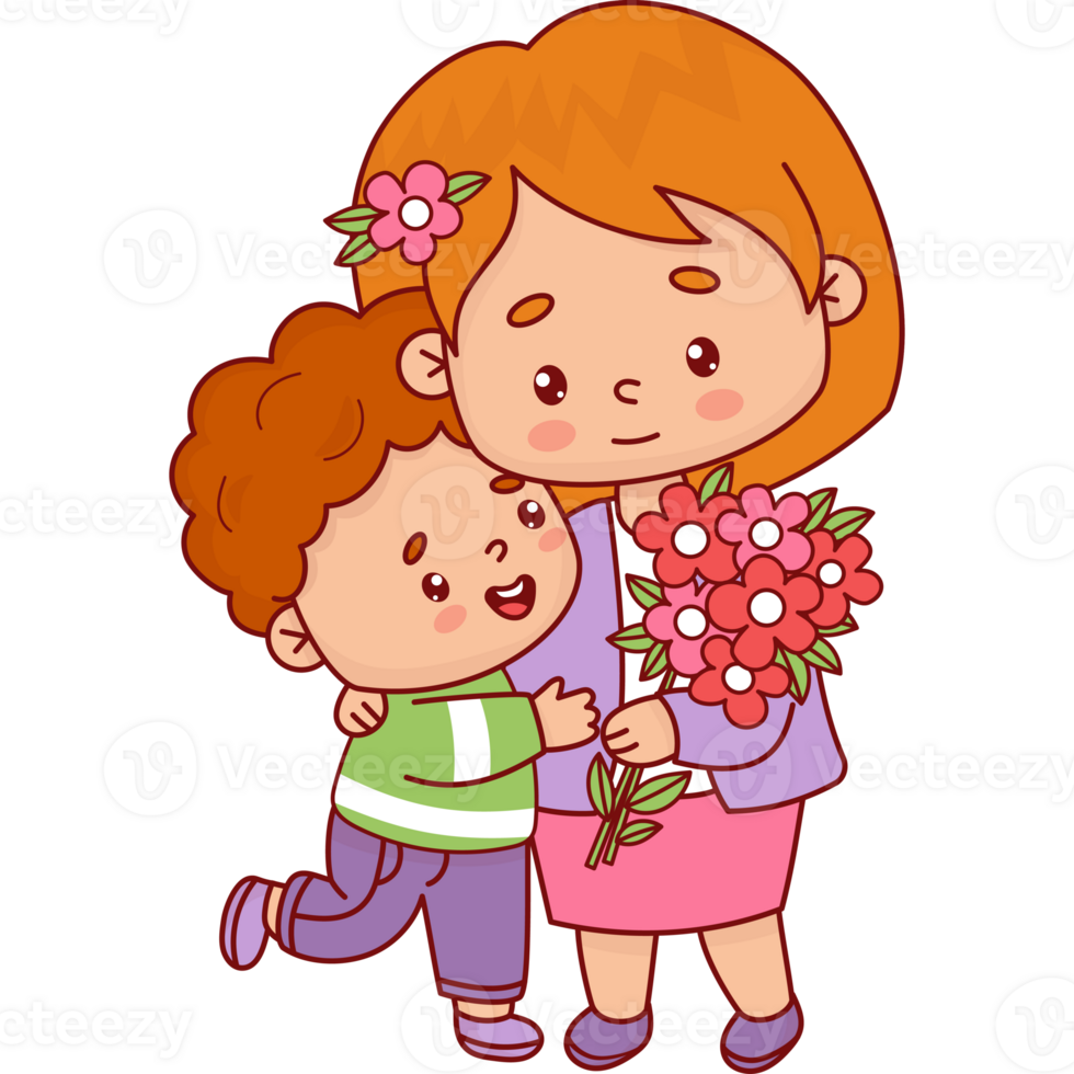 Woman with her son and bouquet png