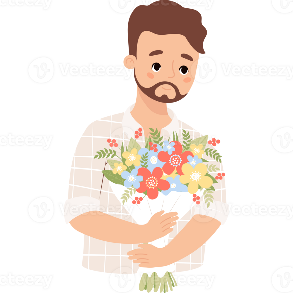 Cute man with bouquet of flowers png