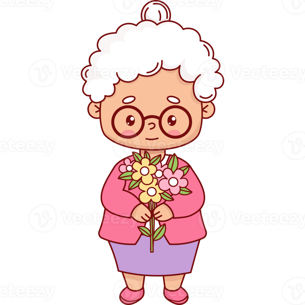 Cute elderly woman with bouquet png