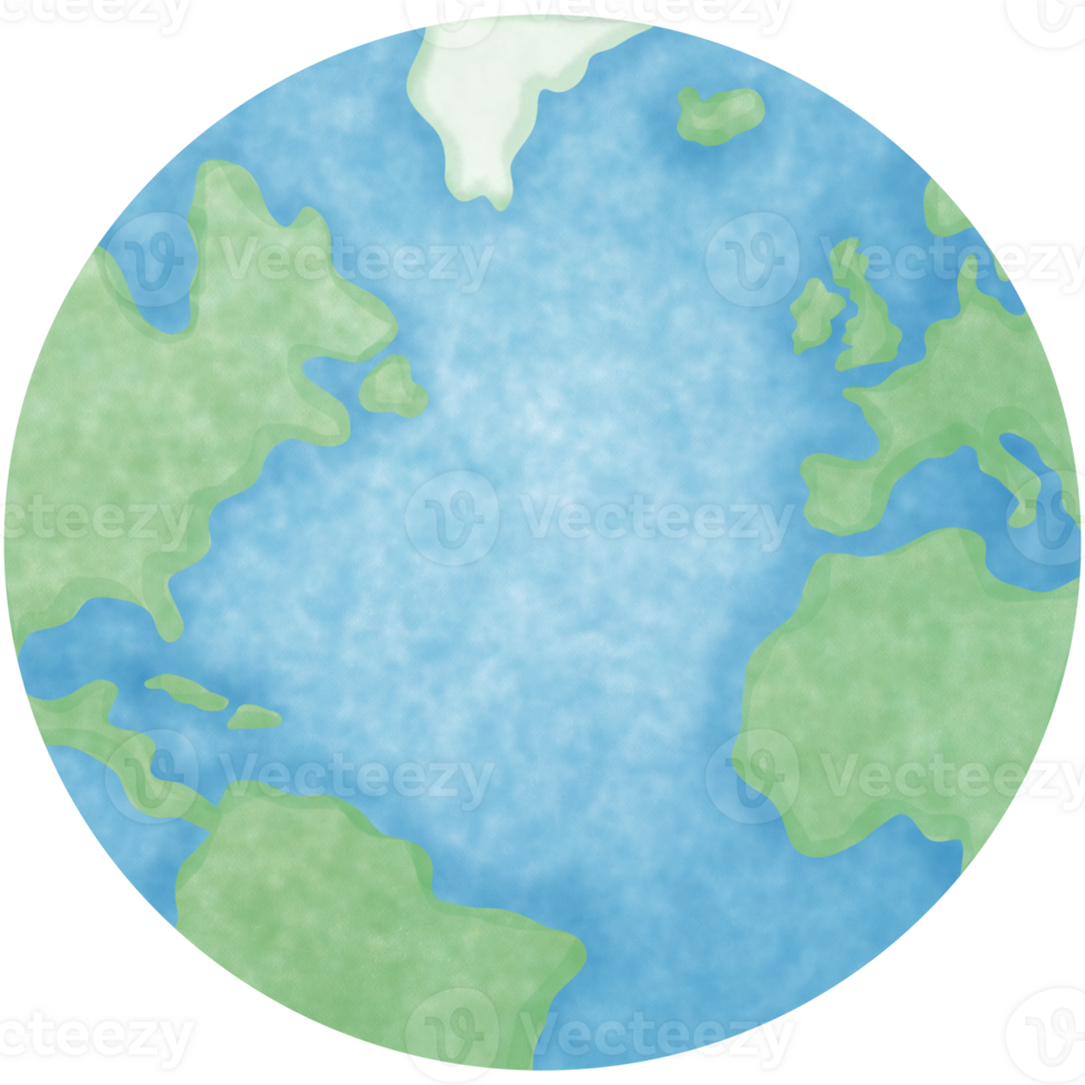 Illustration of a world map isolated on png or transparent background with watercolour painting