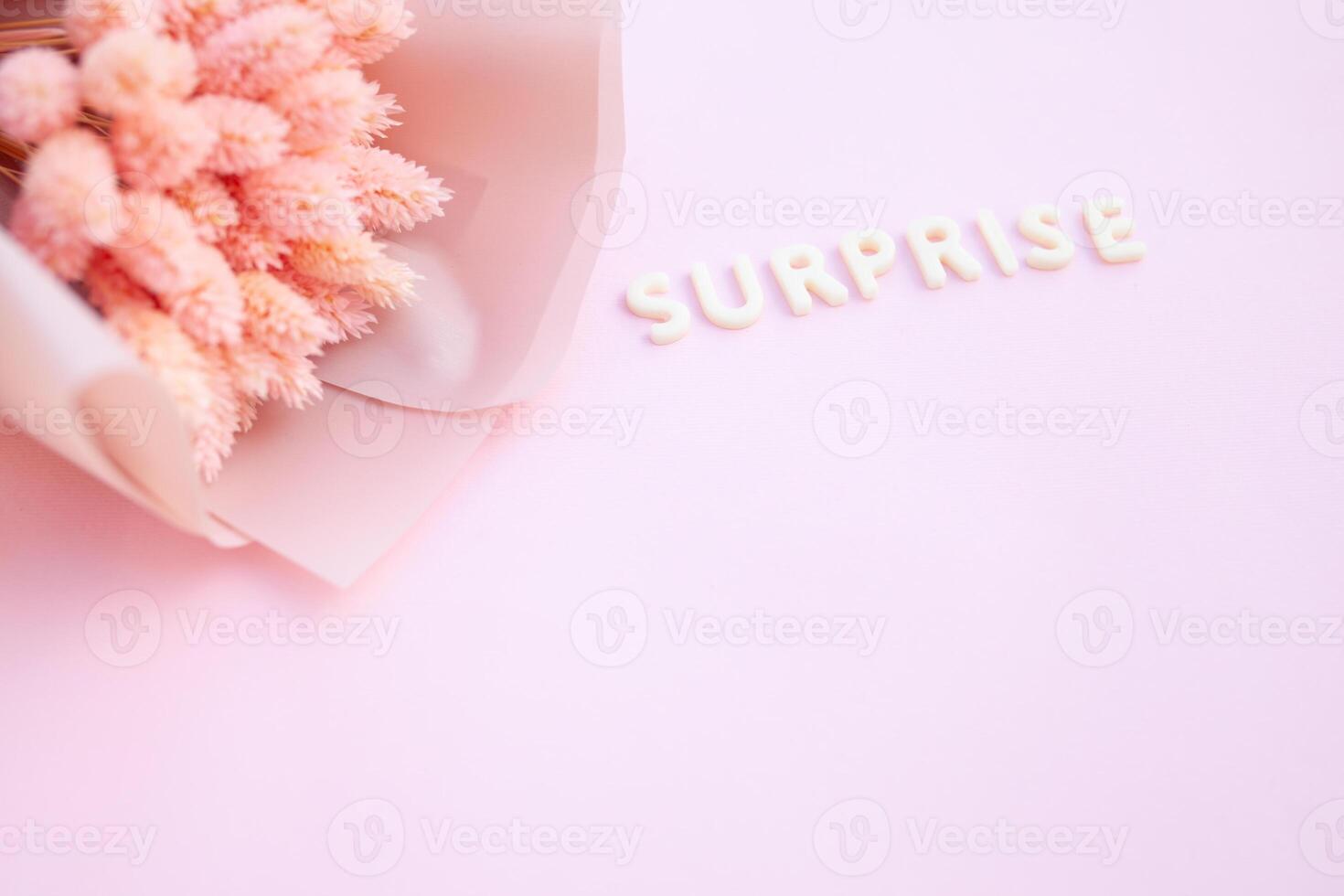 Beautiful pink dried flowers on a pink background with the inscription surprise in white letters and free space for the text photo
