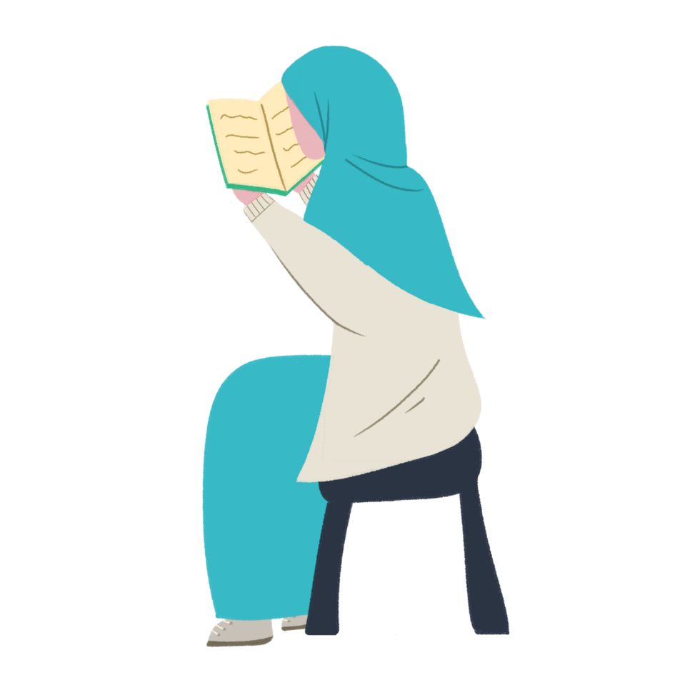 Illustration graphic of full body of Muslim women sit on the chair with a book on her hands reading a book. png