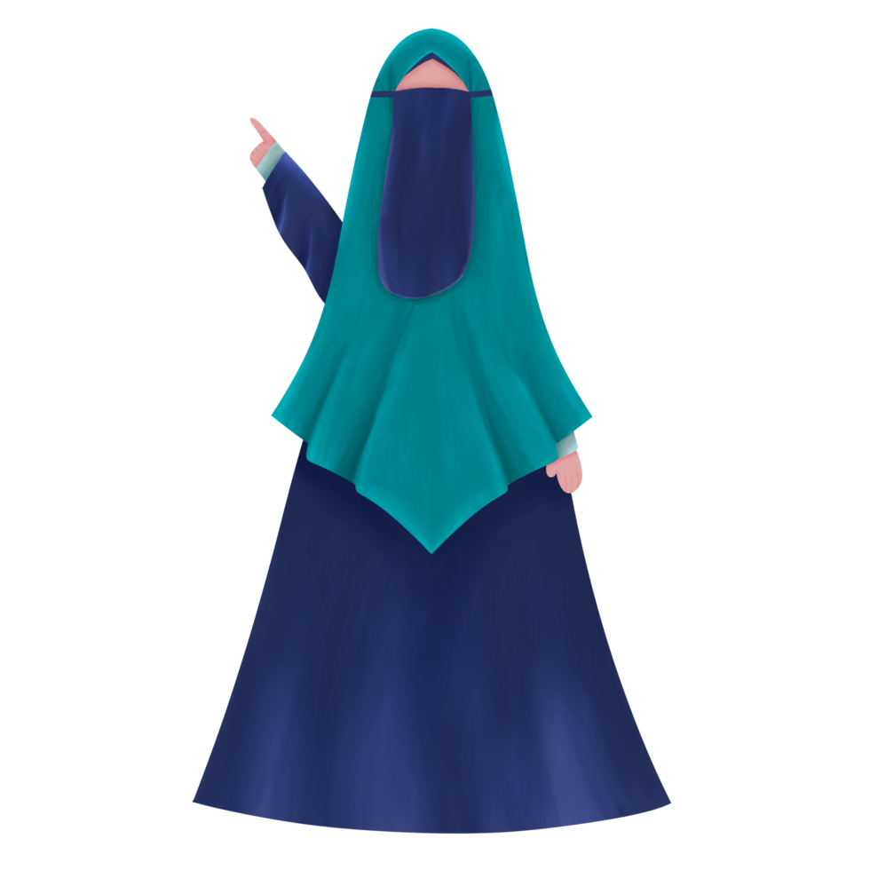Full body of Muslim woman illustration in niqab with raised hand pointing to the side on transparent background. png