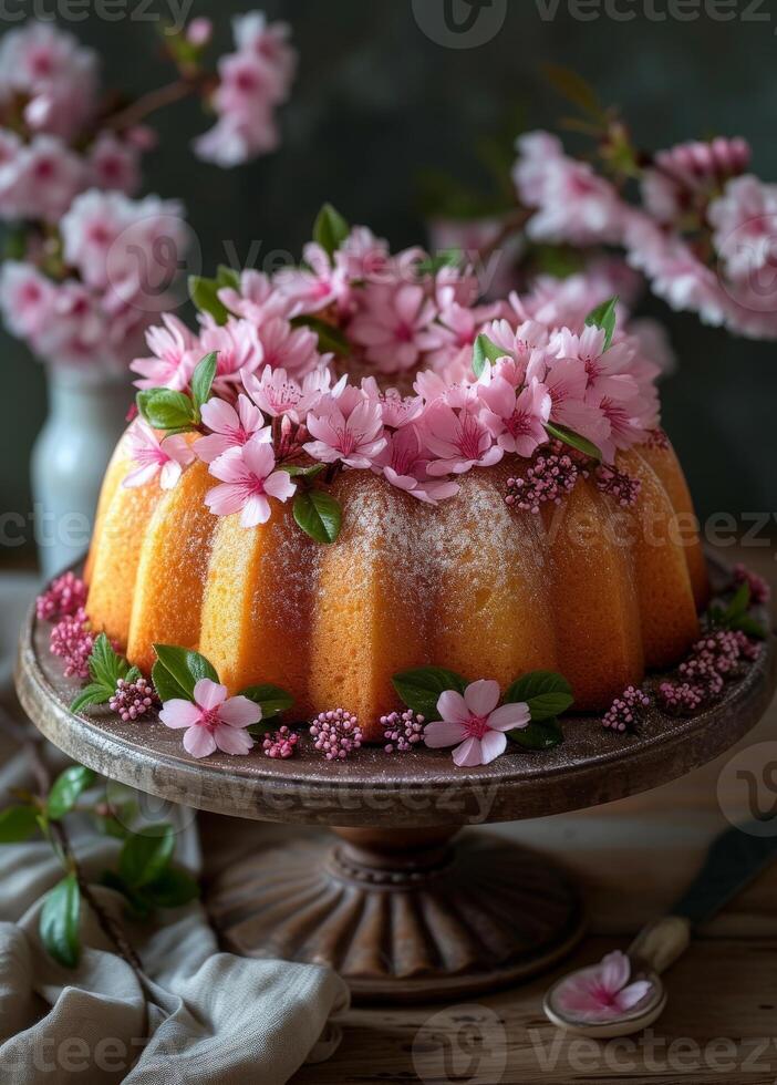 AI generated Easter cake with pink flowers and spring cherry blossom on wooden table photo