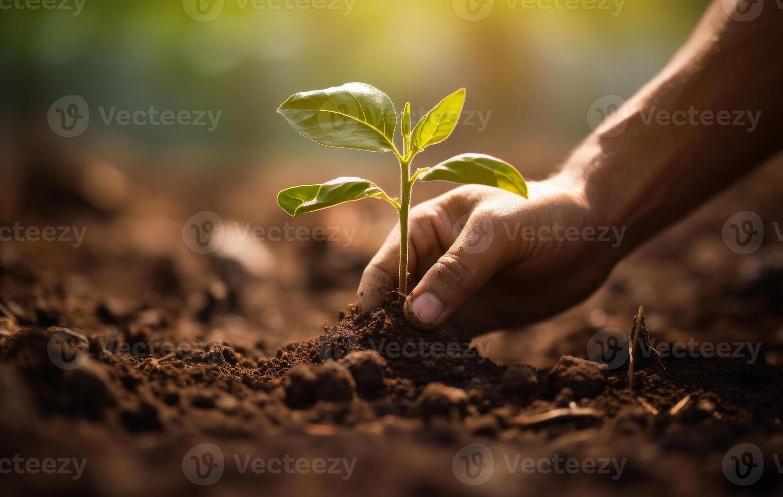 AI generated Farmer's hand planting the seedlings into the soil photo