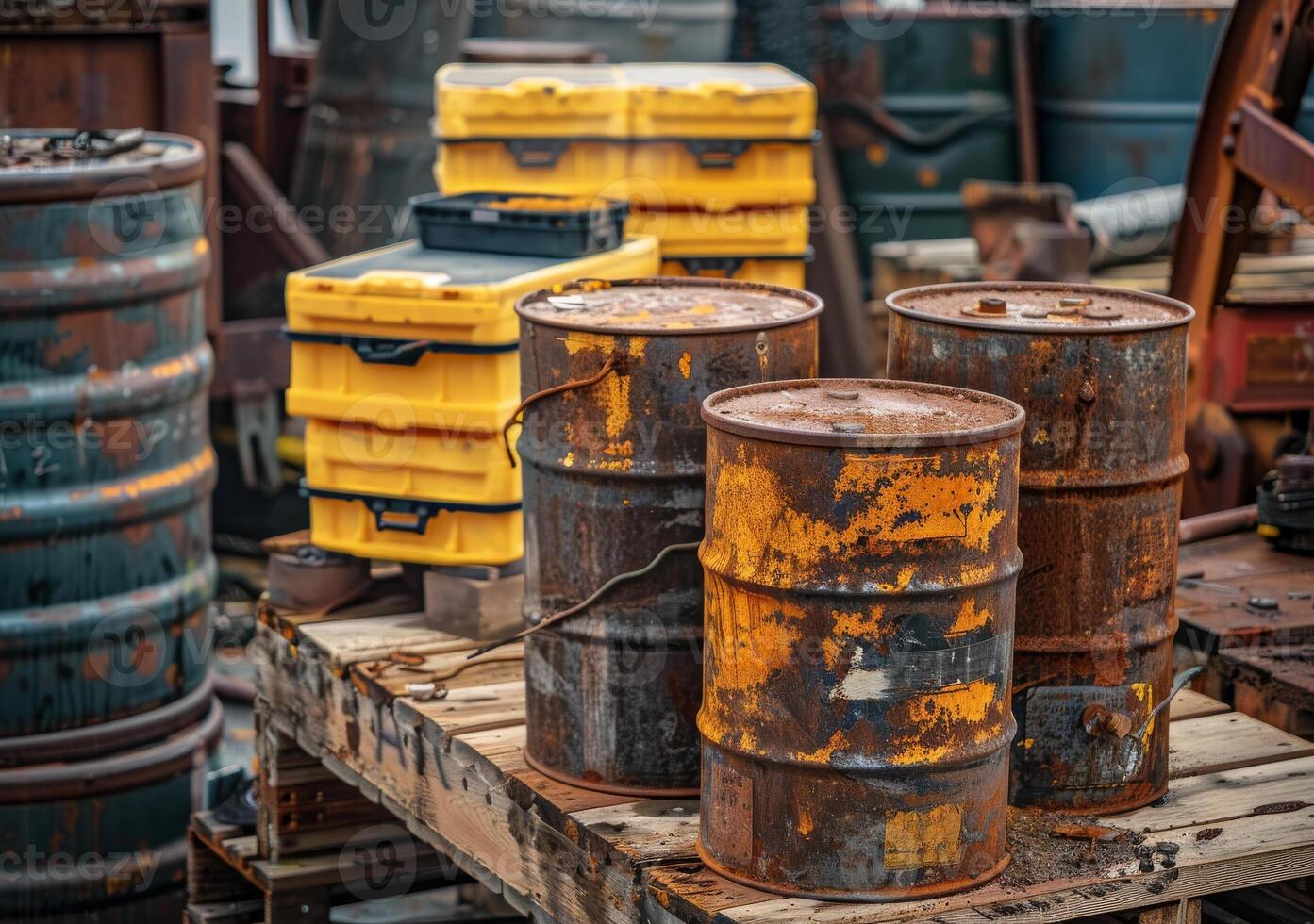 AI generated Rusty barrels and other containers on wooden pallet photo