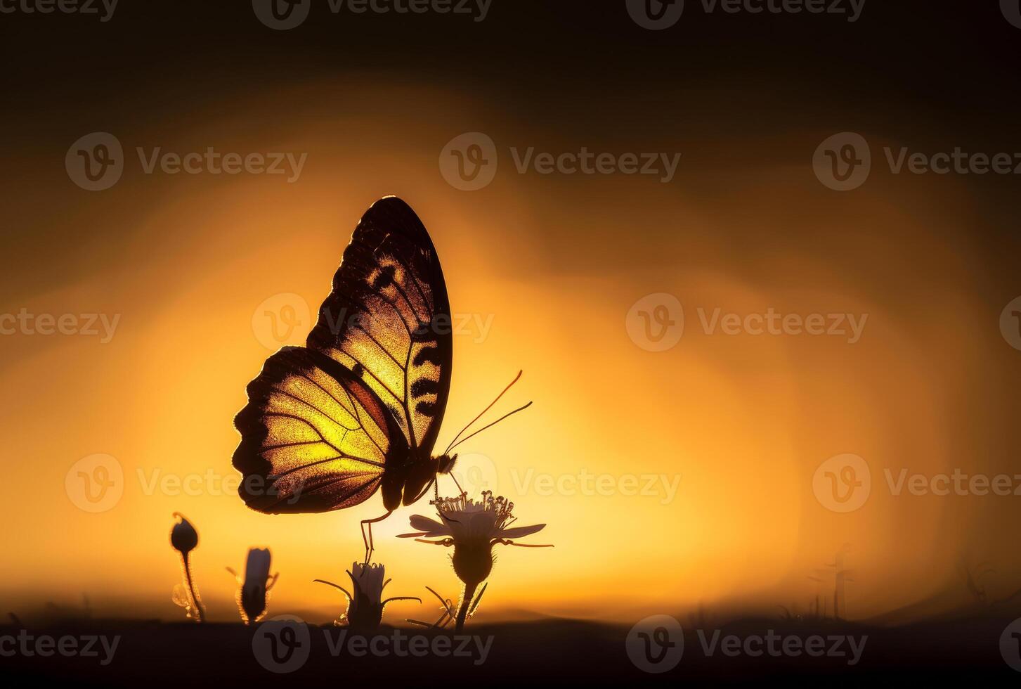 AI generated Silhouette of butterfly on flower. One butterfly stands silhouetted against photo