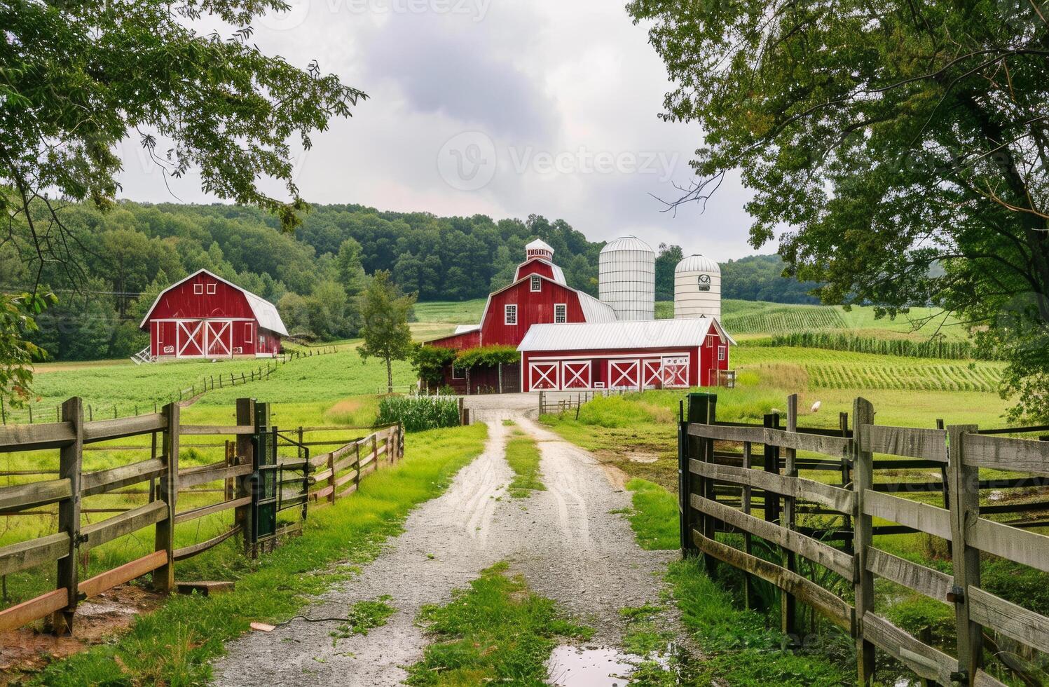 AI generated Red barn and silo on farm in the rural photo