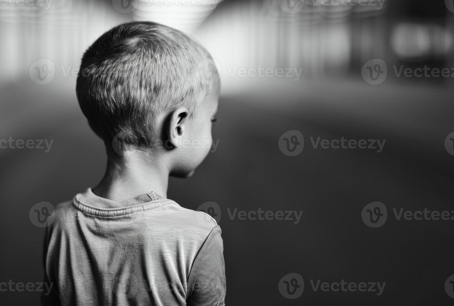 AI generated Young boy stands in the middle of road photo