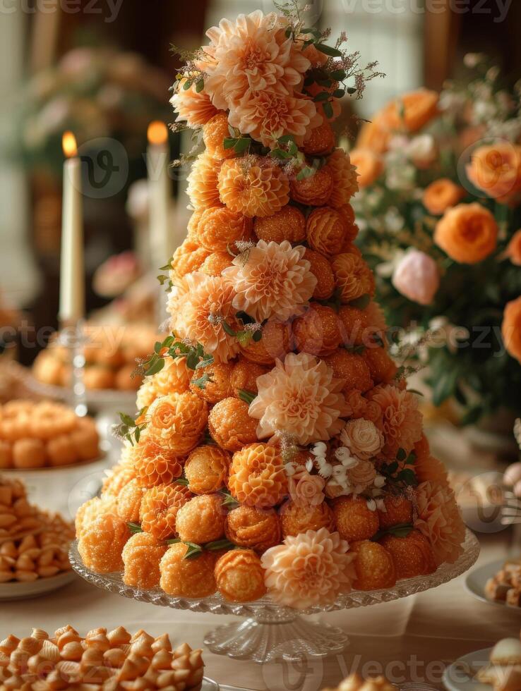 AI generated Pyramid of profiteroles with flowers on festive table photo