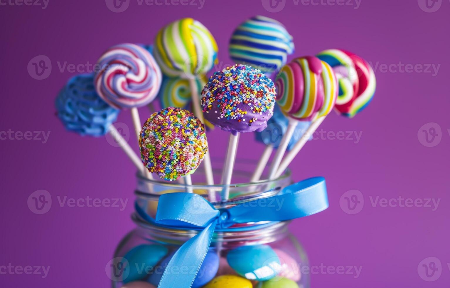 AI generated Colorful lollipops in jar on purple background photo