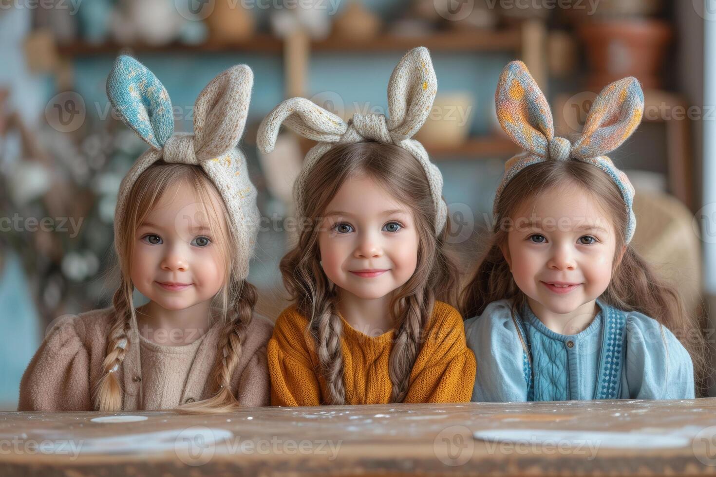 AI generated Three cute little girls are wearing bunny ears while sitting at the table on Easter day. photo