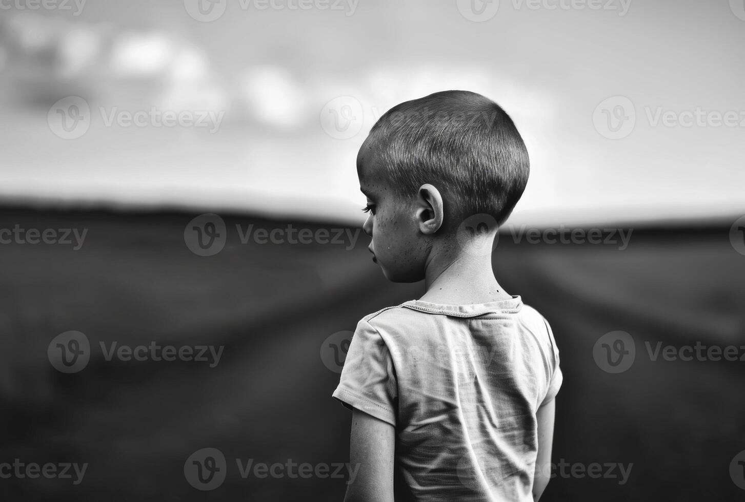 AI generated Young boy stands alone on road. photo
