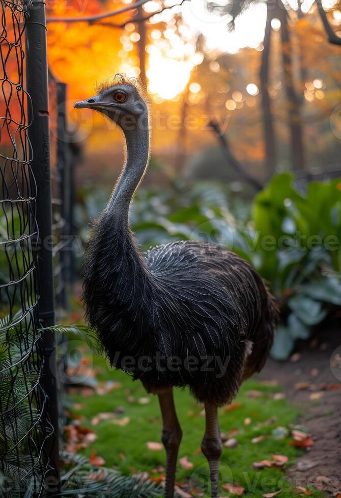 AI generated Ostrich standing in the grass with fence and trees in the background photo