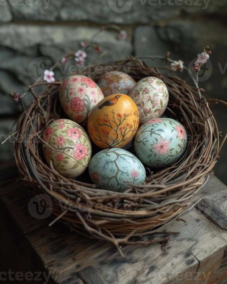 AI generated Easter eggs in nest. Some painted nesting easter eggs are sitting in a basket on an old wooden table photo