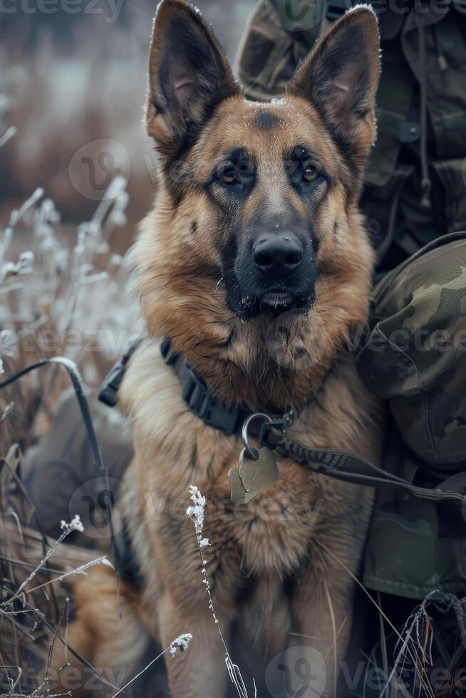 AI generated German shepherd dog sits in the grass and looks into the camera photo