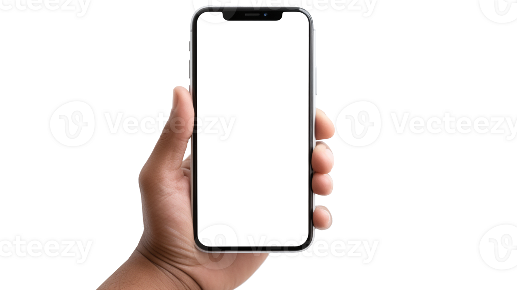 AI generated Man hand holding the black smartphone with blank screen and modern frameless isolated on white background png