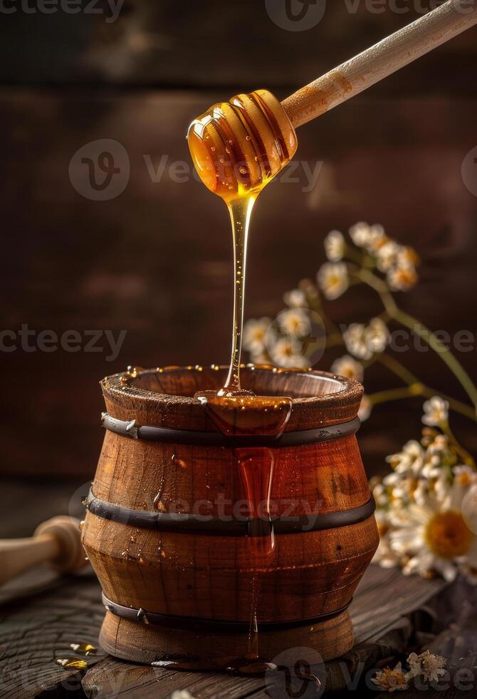 AI generated Honey dripping from wooden honey dipper in jar on wooden rustic background photo