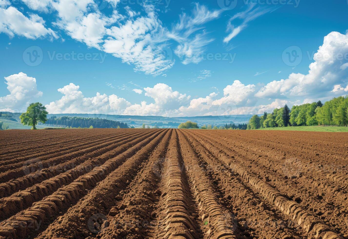 AI generated Furrows row pattern in plowed field prepared for planting crops in spring photo