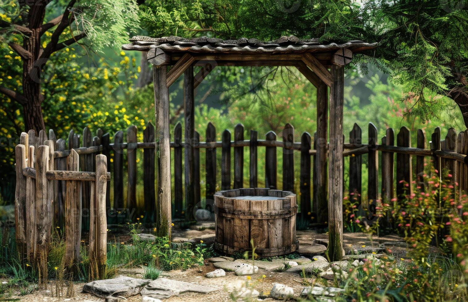 AI generated Old well in the garden in the garden photo