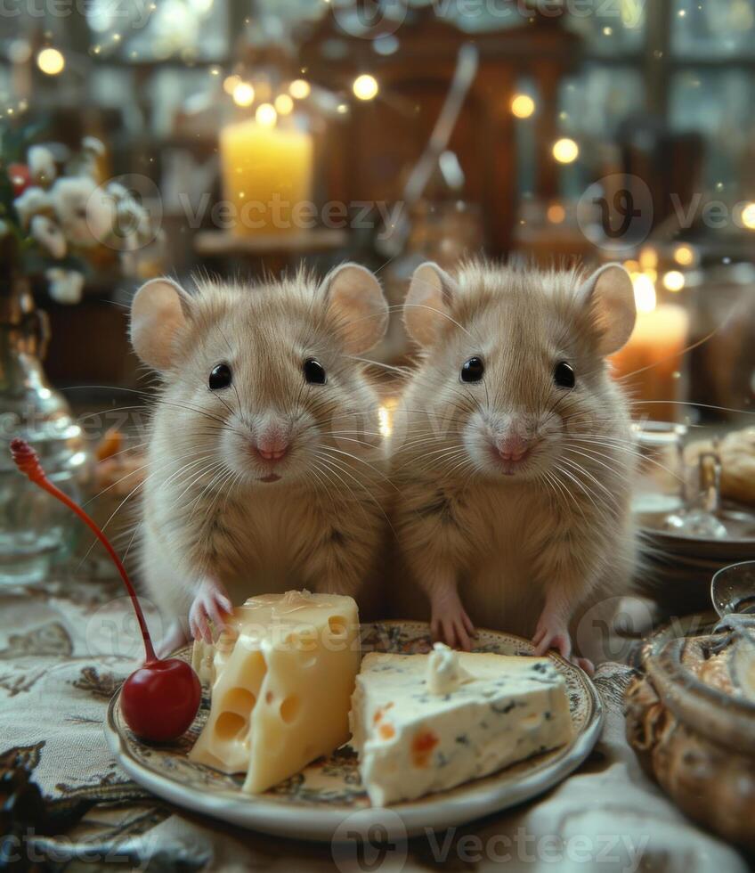 AI generated Two funny domestic pet rats are sitting on table near cheese and candlesticks photo