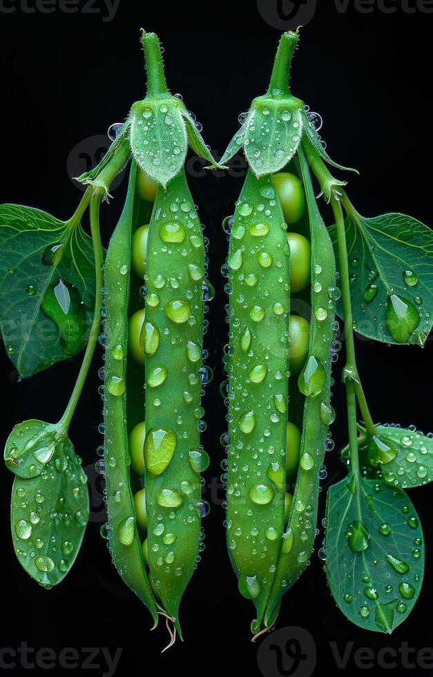 ai generado Fresco verde chícharos con agua gotas en negro antecedentes foto