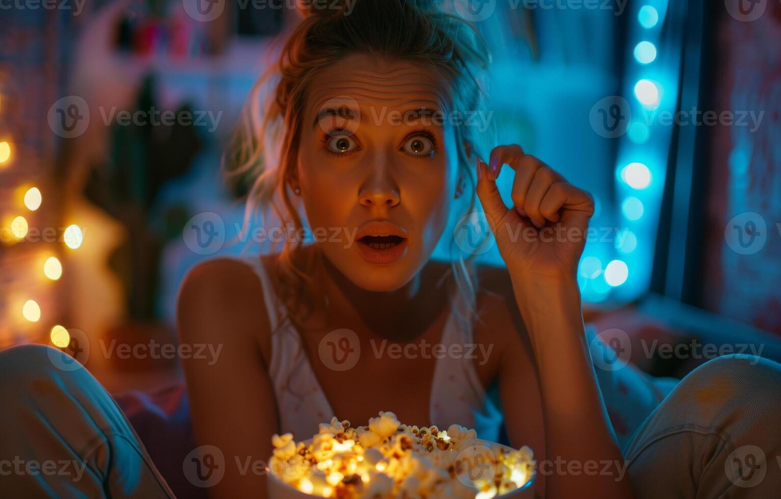 ai generado sorprendido joven mujer comiendo palomitas de maiz mientras acecho horror película en televisión a hogar. foto