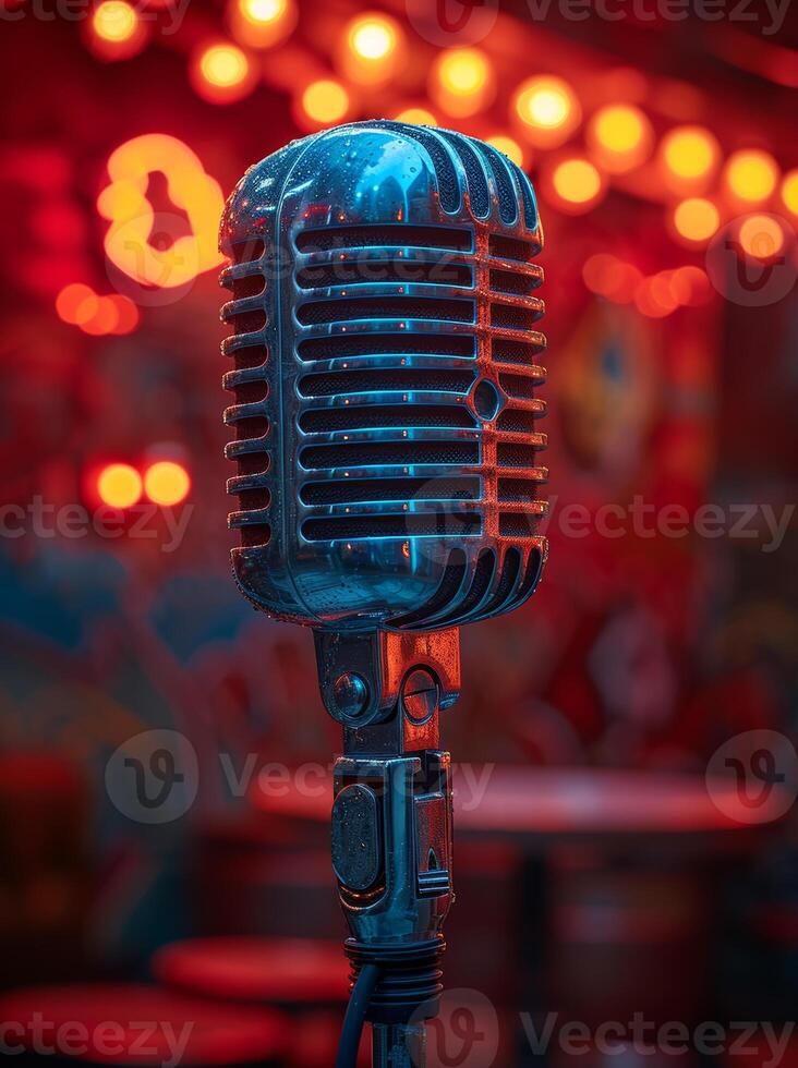 AI generated Vintage microphone on stage in the spotlight performance of the musical group. photo