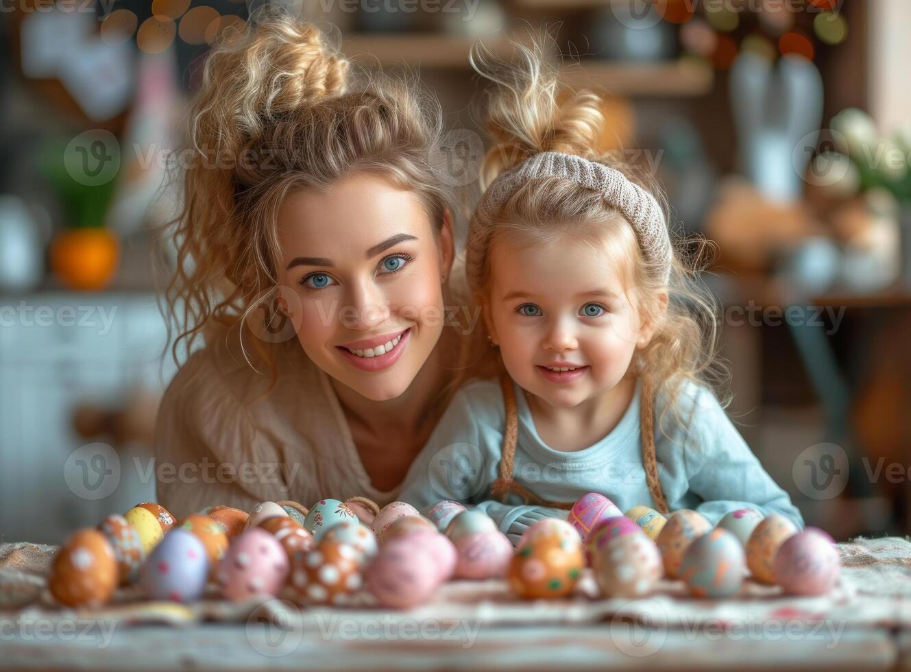 ai generado madre y hija sonrisa a mesa lleno de Pascua de Resurrección huevos. madre y pequeño niño decorando Pascua de Resurrección huevos foto