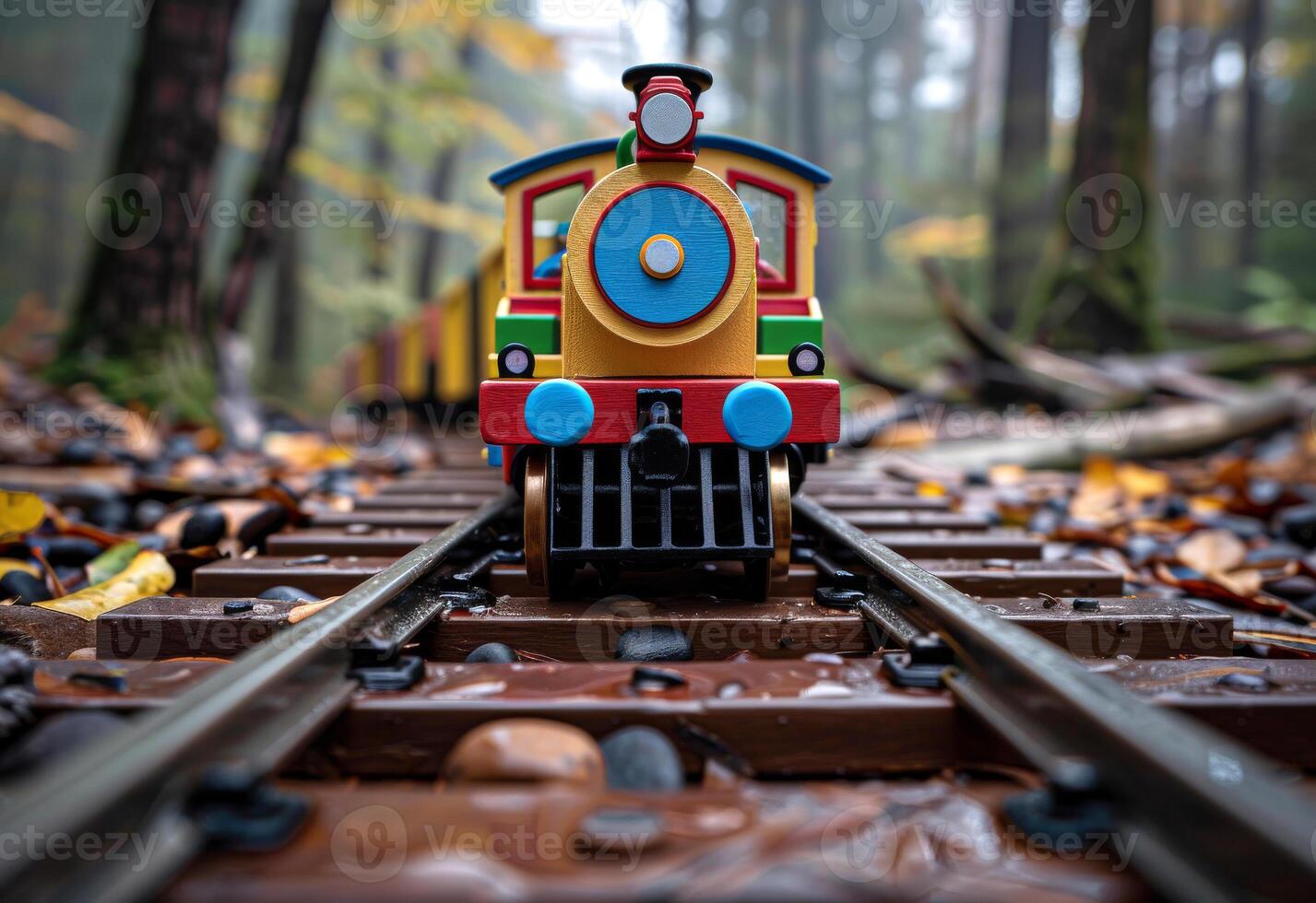 AI generated Toy train moving through the woods photo