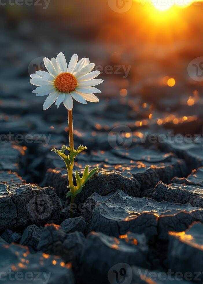 AI generated Lonely daisy grows in dried up empty field. Concept of environmental problems photo
