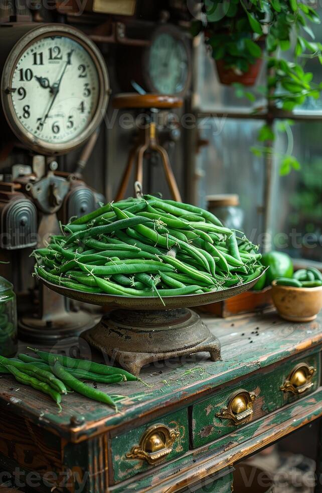AI generated Green beans on vintage scale. A scale on the counter with lots of green beans photo