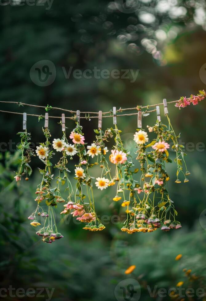 AI generated Flowers hanging on the clothesline in the garden. Fresh herbs and flowers hanging to dry photo
