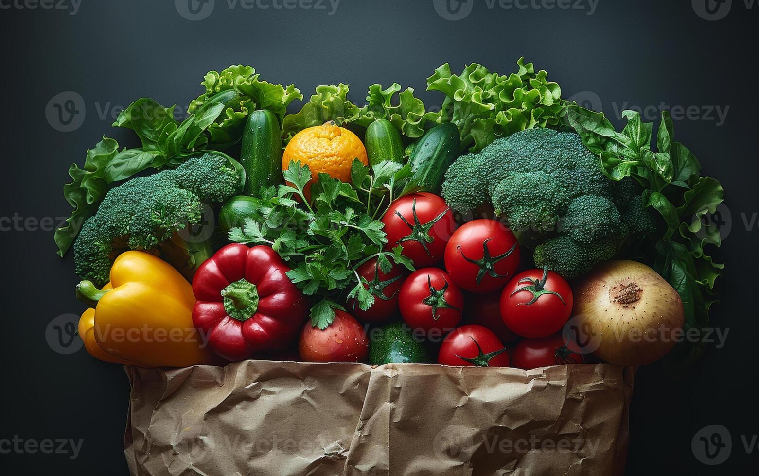 AI generated Fresh vegetables in paper bag on dark background photo