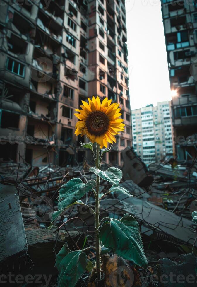 ai generado girasol crece en el medio de el destruido ciudad foto