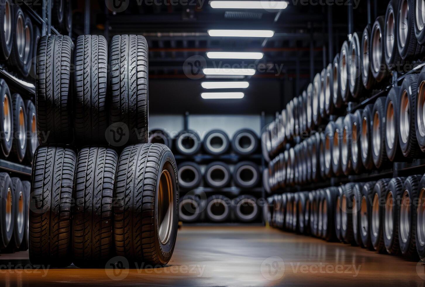 AI generated Tires for sale at tire store. A stack of new tires in the shop photo