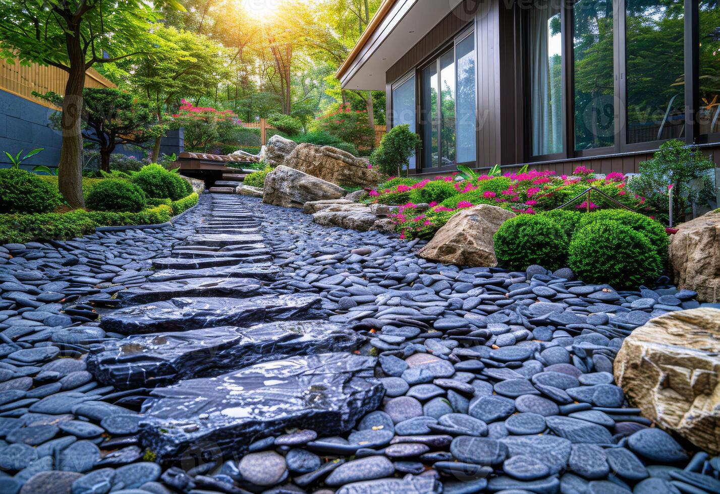 ai generado moderno casa con jardín y terraza con césped y Roca pasarela foto