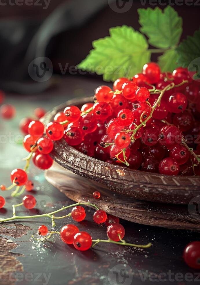 AI generated Red currants in bowl on dark rustic background photo